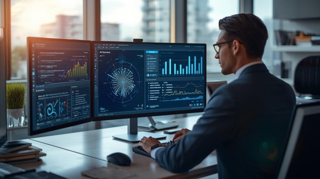 Business executive in a modern U.S. office reviewing best AI software on a desktop with analytics dashboard.