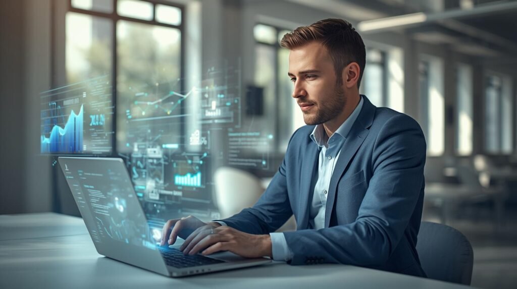 Business professional in a modern U.S. office analyzing AI tools on a laptop with digital analytics dashboard, representing the best AI tools for business in USA.