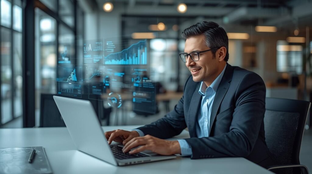 Business professional in a modern U.S. office analyzing AI tools on a laptop with digital analytics dashboard, representing the best AI tools for business in USA.