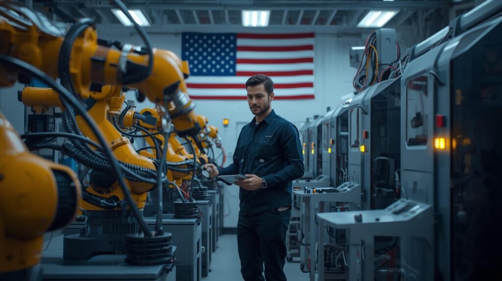 best robotics companies in USA: Robotics engineer in a modern U.S. robotics lab working with advanced robotic arms and automation technology.