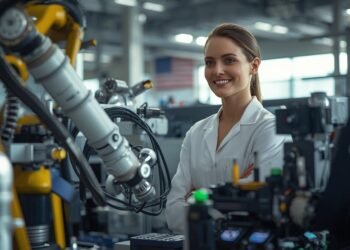 Best Robotics Companies in USA: Robotics engineer in a modern U.S. robotics lab working with advanced robotic arms and automation technology.