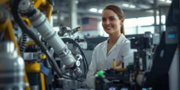 Best Robotics Companies in USA: Robotics engineer in a modern U.S. robotics lab working with advanced robotic arms and automation technology.