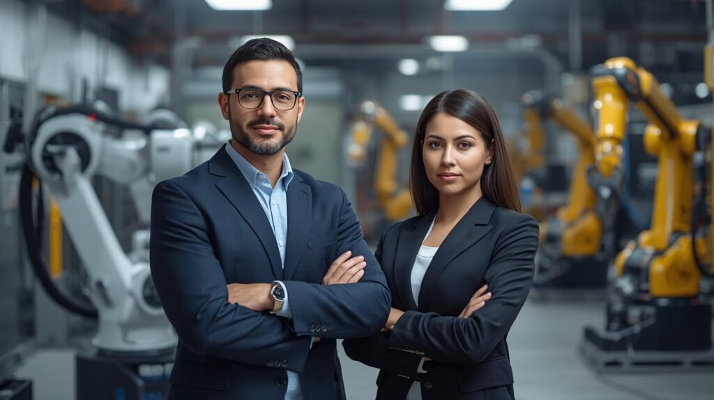 Robotics engineer and business professional in a high-tech U.S. robotics facility with advanced robotic systems and industrial robot arms.