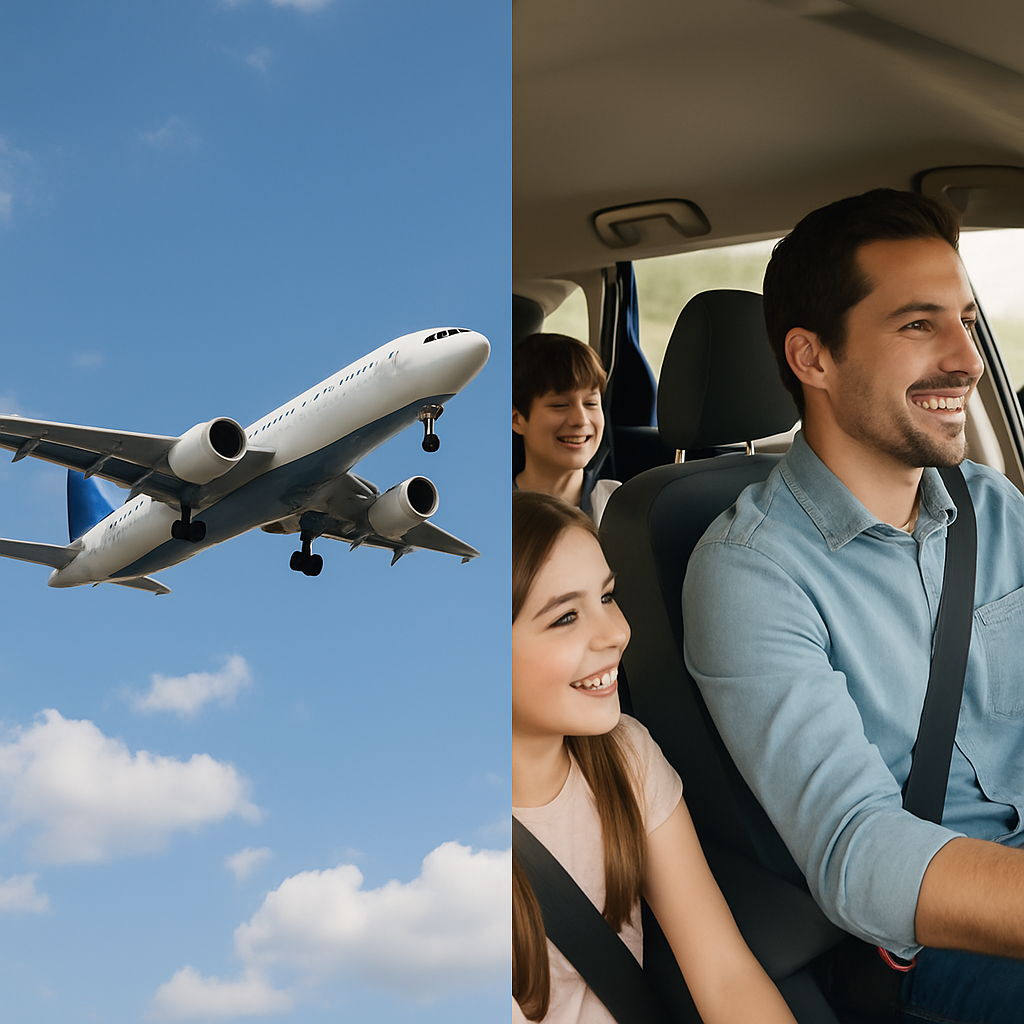 Commercial airplane flying in blue sky beside a happy family driving a car, representing safety, reliability, and everyday transportation systems.