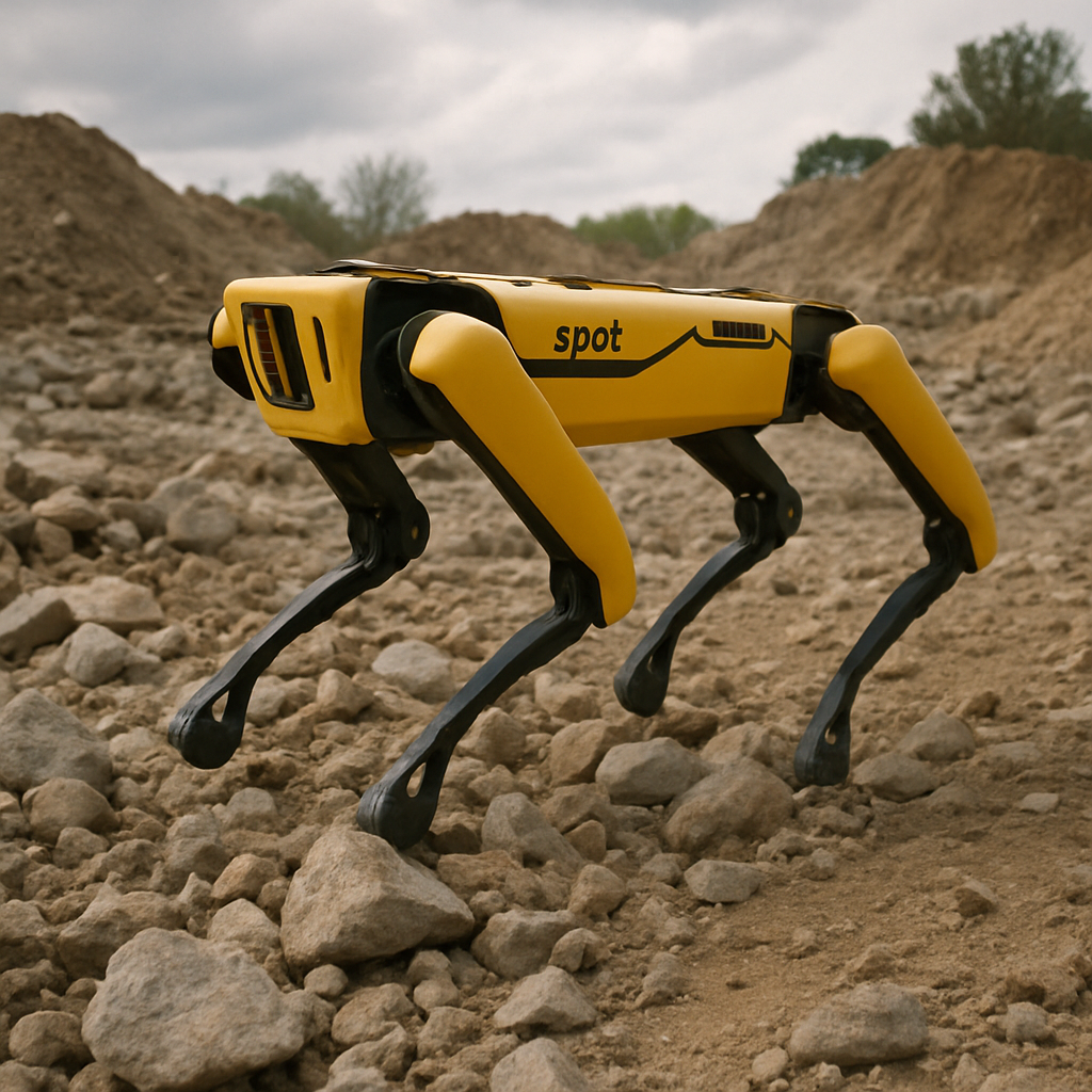 Quadruped robot navigating rough terrain, representing advanced mobile robotics developed by leading robotics companies in the USA.