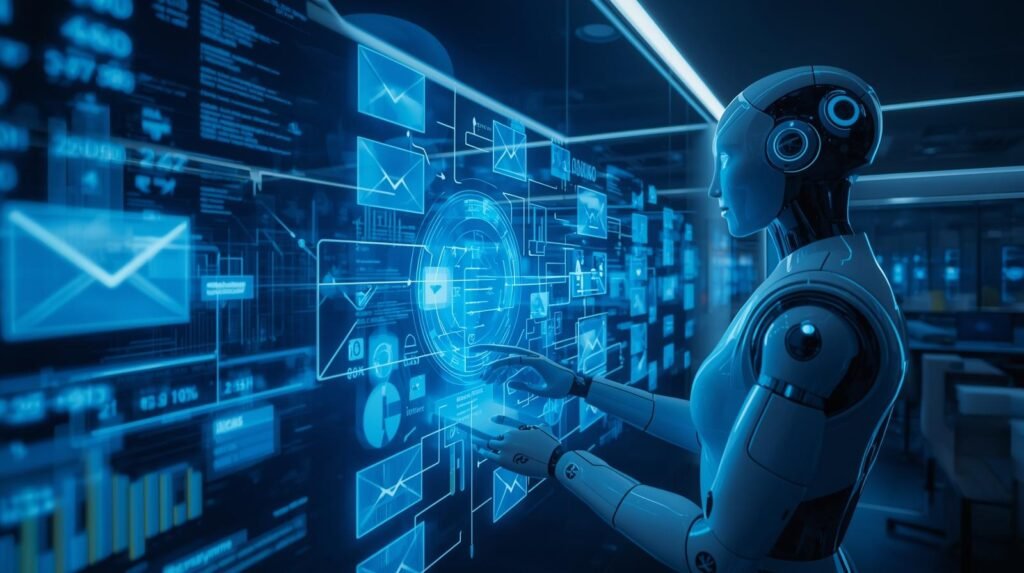 Digital robot managing automated business tasks on office computers.