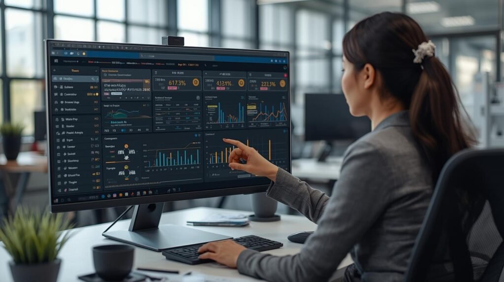 Business operations manager in a modern U.S. office using business automation AI software with workflow dashboard on screen.