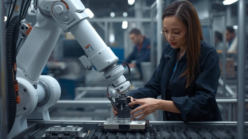 Collaborative robot assisting with assembly tasks in an industrial setting.