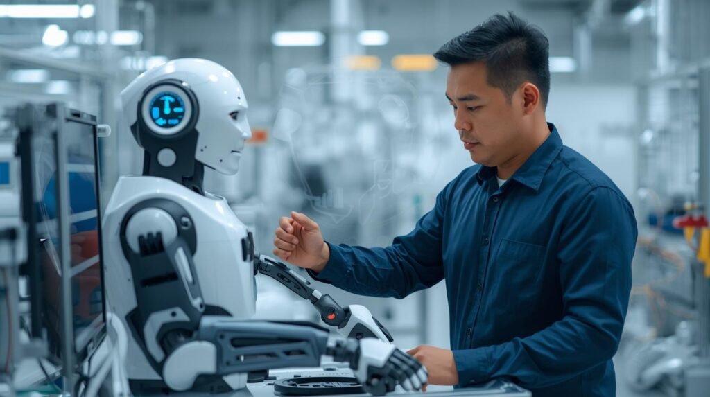 robot demonstrating key cobot benefits like safety and productivity.