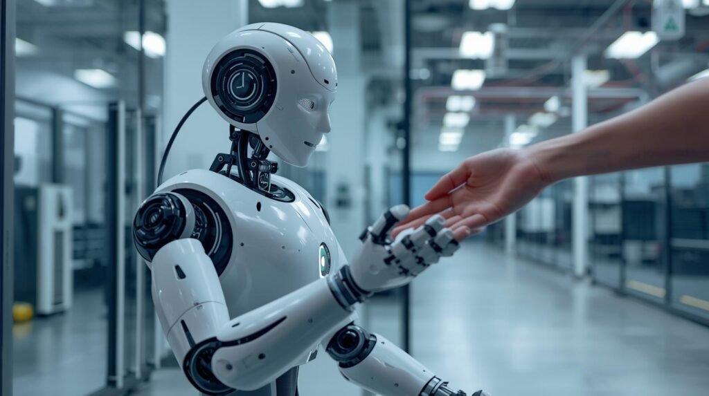 Collaborative robot demonstrating safety features while working near a human.