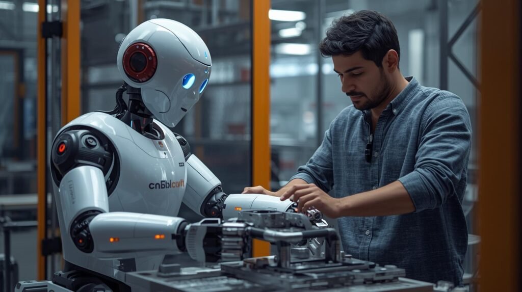 Cobots working safely alongside a human in a shared industrial workspace.