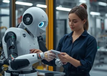 Collaborative robot working safely alongside a human in a shared industrial workspace.