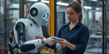Collaborative robot working safely alongside a human in a shared industrial workspace.