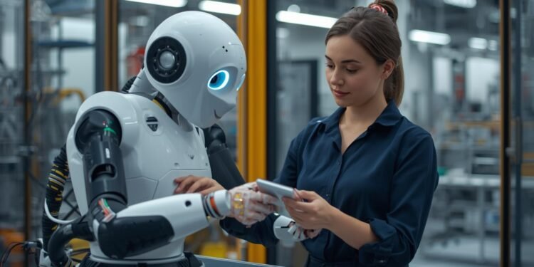 Collaborative robot working safely alongside a human in a shared industrial workspace.