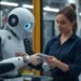 Collaborative robot working safely alongside a human in a shared industrial workspace.