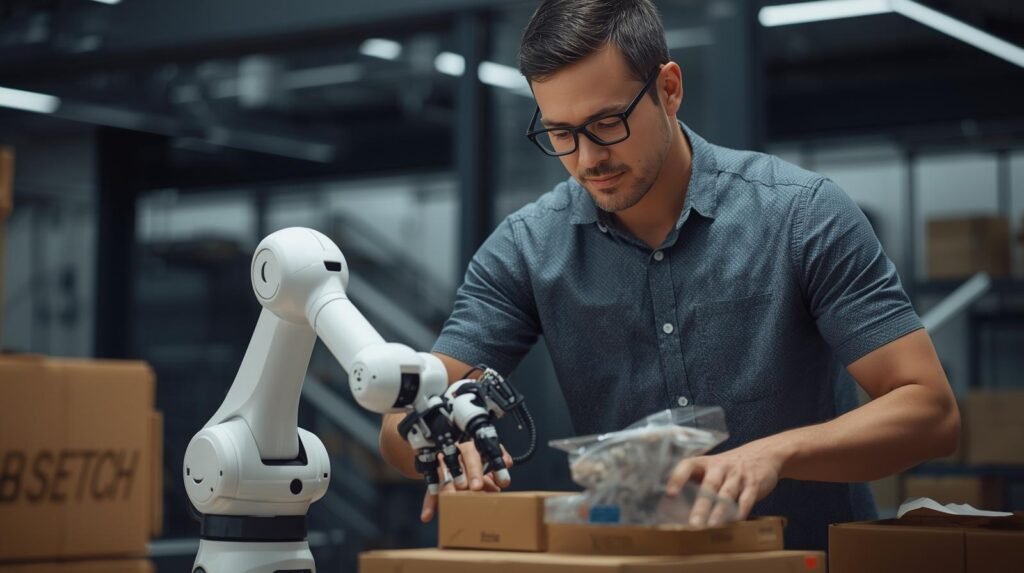 cobots for small business assesting to worker in a shared workspace.