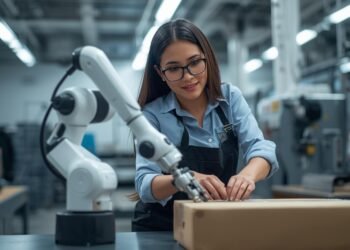 Collaborative robot assisting a small business worker in a shared workspace.