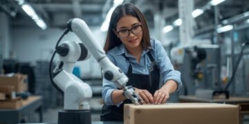 Collaborative robot assisting a small business worker in a shared workspace.