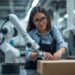 Collaborative robot assisting a small business worker in a shared workspace.
