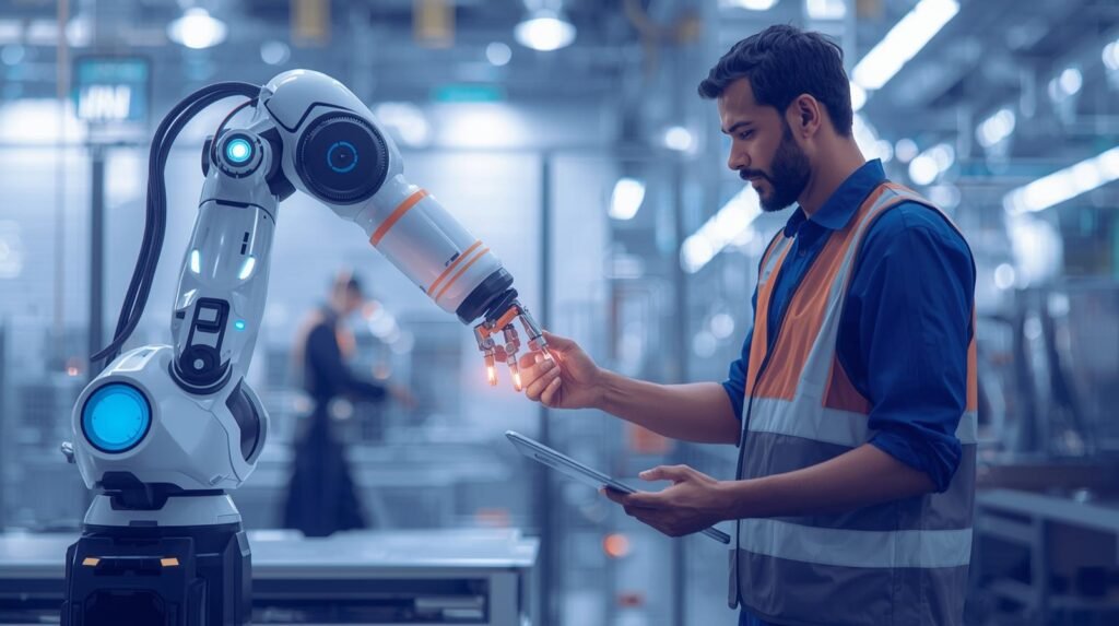 Collaborative robot working safely alongside a human in a shared industrial workspace.