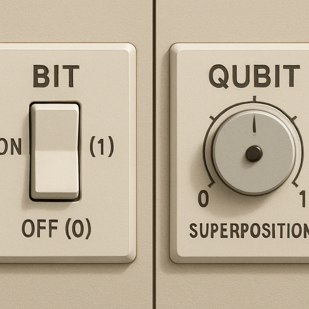 Comparison of classical bit and quantum qubit showing binary states versus superposition concept.