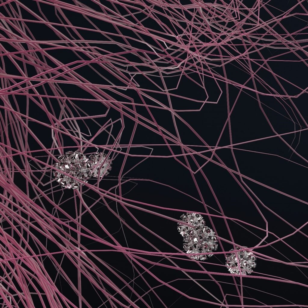 Abstract web of pink interconnected lines and nodes on a dark background, symbolizing a complex neural network structure.