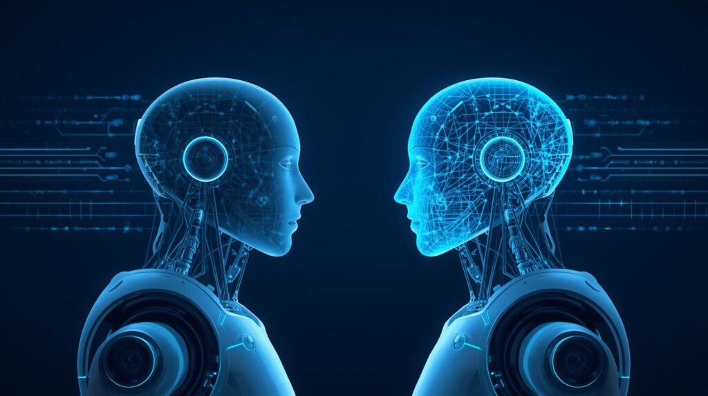 Digital twin technology showing a virtual model mirroring a real robotic system.