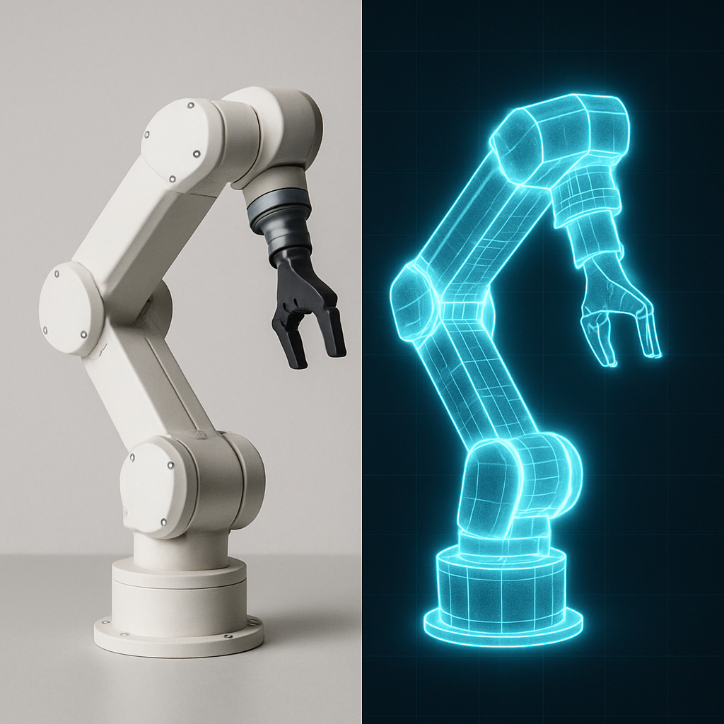 Digital twin for robots showing a physical robotic arm alongside its virtual wireframe replica.