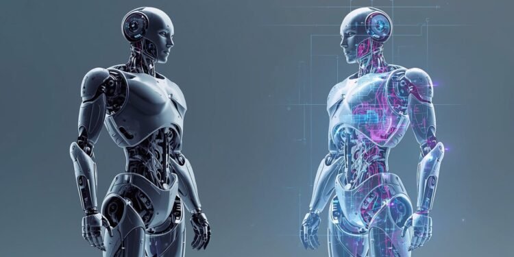 Digital twin for robots showing a real robot synchronized with its virtual replica.