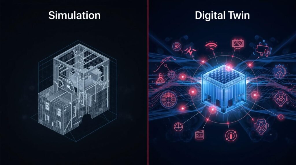 Digital twin vs simulation comparison highlighting real-time data updates and live system modeling.