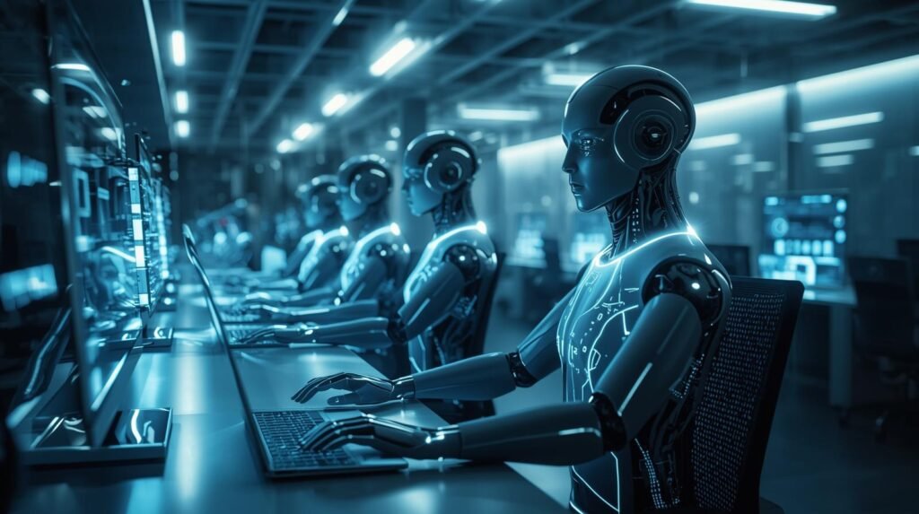 Digital workforce robots handling repetitive computer-based tasks in an office.