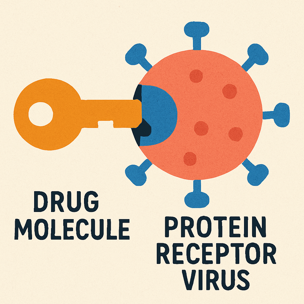 Illustration of a drug molecule binding to a protein receptor, representing molecular interaction in drug discovery.