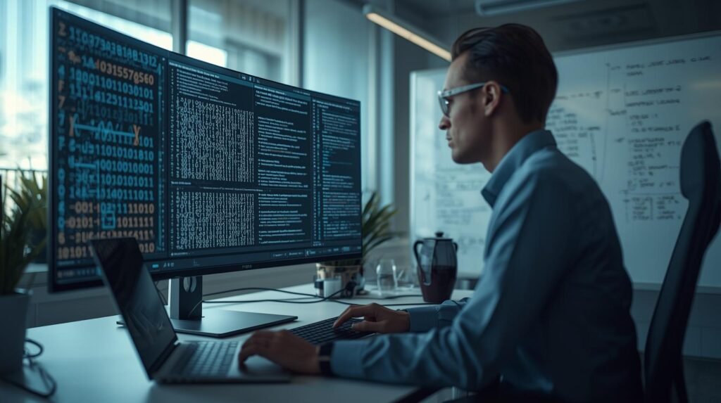 Computer scientist analyzing error correction codes and mathematical matrices on monitor in modern research workspace.
