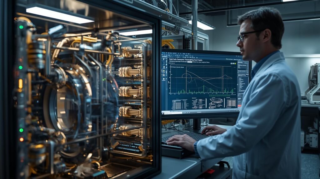 Quantum computing engineer reviewing fault-tolerant quantum architecture and error correction data in advanced laboratory.