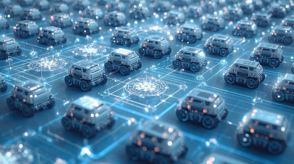 Fleet automation system automatically coordinating robot tasks.