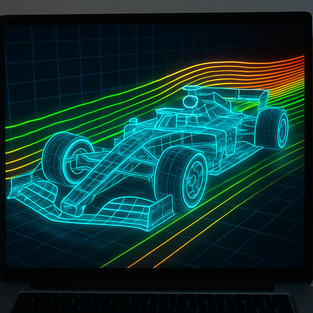 Digital twin of a Formula racing car shown as a wireframe model with airflow simulation lines, demonstrating real-time modeling and performance optimization using virtual representation.