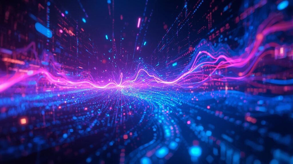 Abstract digital visualization of generative AI, showing flowing neon data streams and interconnected light waves across a futuristic network grid, symbolizing artificial intelligence creating and processing information in real time.