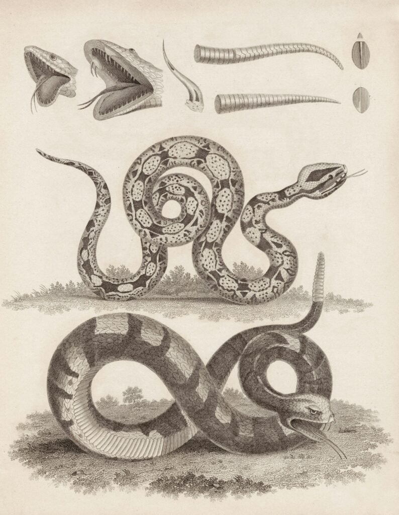 Vintage scientific illustration of detailed snake anatomy and coiled serpents, drawn in an engraved style on a beige background.