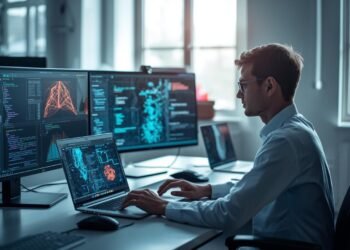 Professional working with generative AI software in a modern office, creating text, images, and digital content using advanced AI tools.