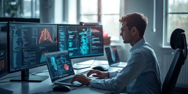 Professional working with generative AI software in a modern office, creating text, images, and digital content using advanced AI tools.