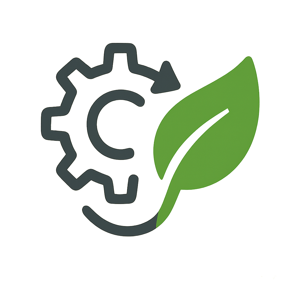 Gear symbol combined with a green leaf icon representing sustainable automation, eco-friendly industrial technology, and energy-efficient systems.
