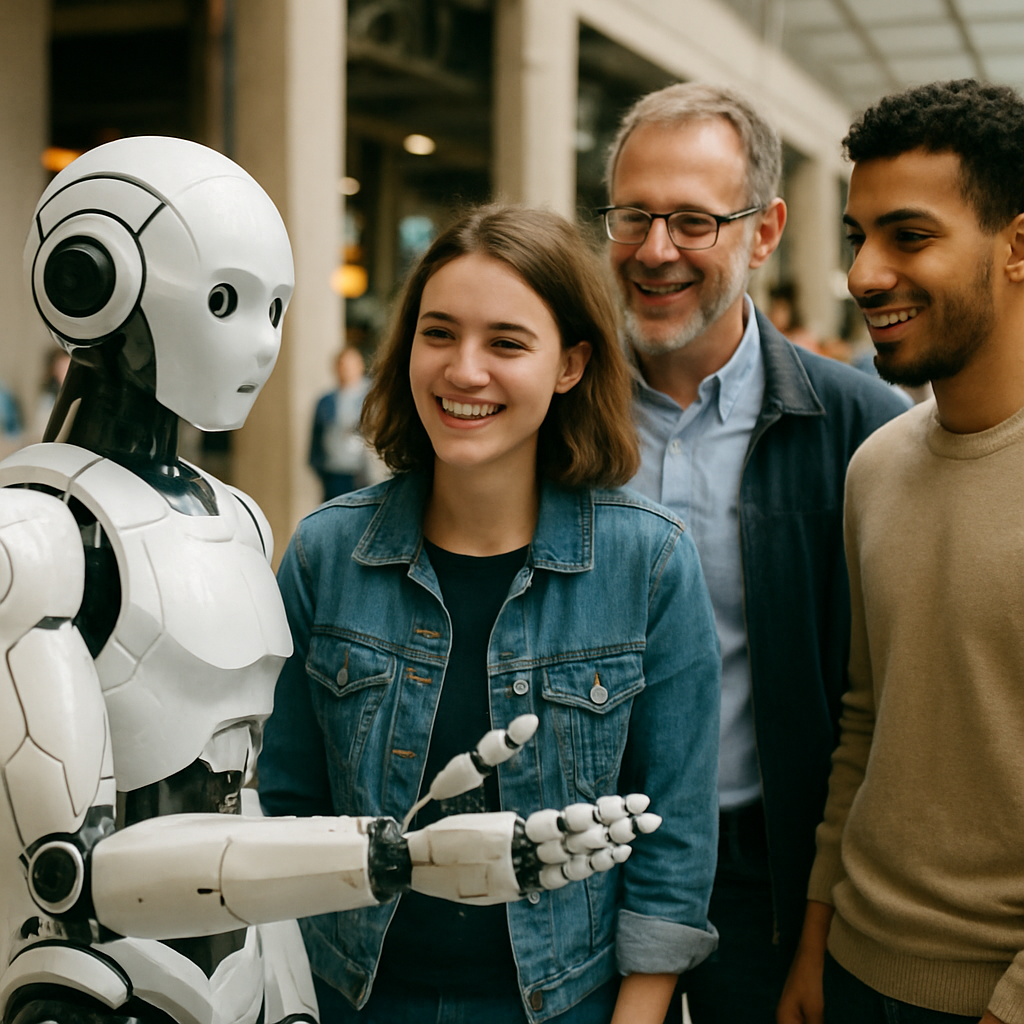 Humanoid robot interacting with three smiling people in a modern indoor public space.
