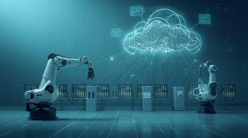 Illustration of hybrid cloud edge robotics showing robots connected to edge computing and cloud intelligence.