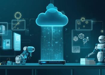Illustration of hybrid cloud edge robotics showing robots connected to edge computing and cloud intelligence.