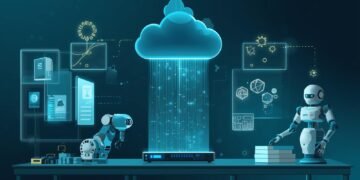 Illustration of hybrid cloud edge robotics showing robots connected to edge computing and cloud intelligence.