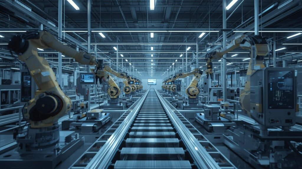 Industrial automation system with robotic arms operating in a smart factory.