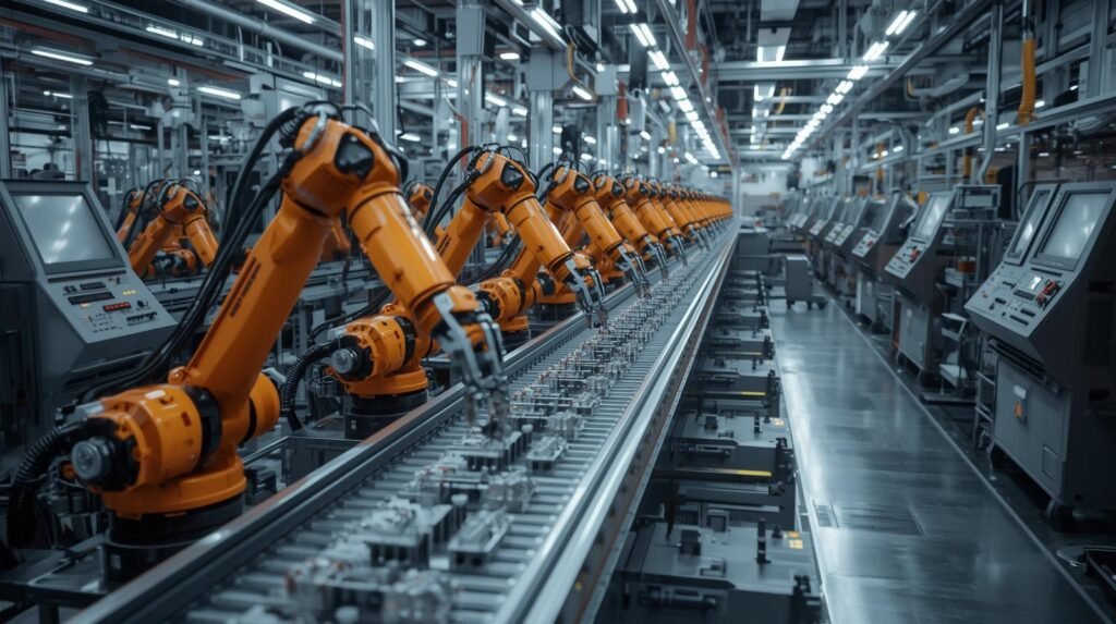 Industrial automation system using robots and conveyors in a modern factory.