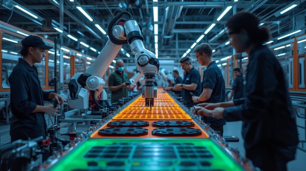 Industrial collaborative robot operating alongside human workers on a factory floor.