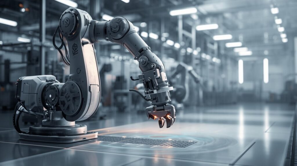 Industrial robot arms with articulated joints and gripper performing automated tasks on a modern factory floor.