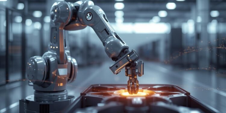 Industrial robot arms with articulated joints and gripper performing automated tasks on a modern factory floor.